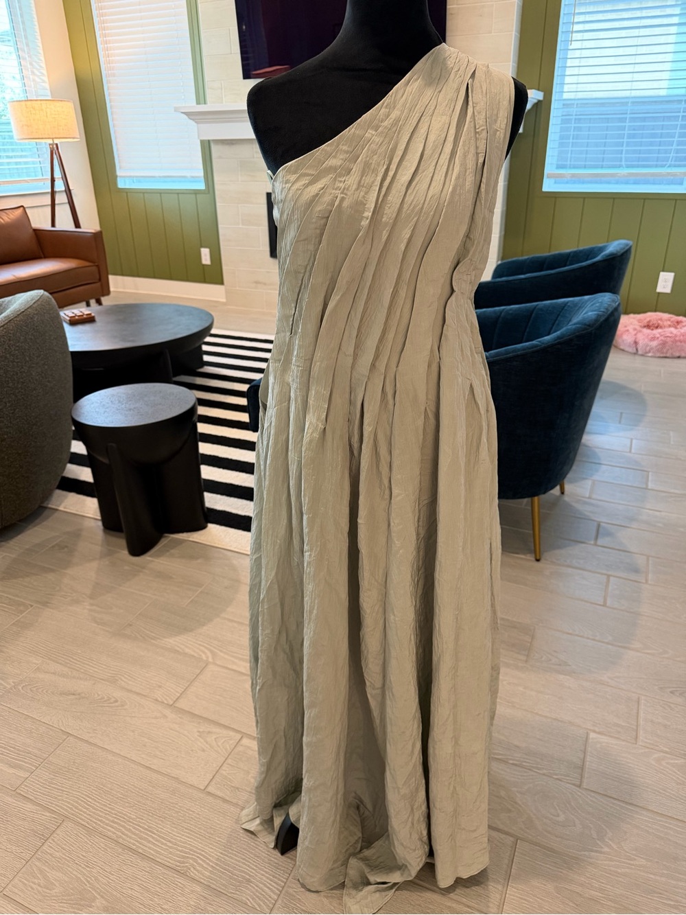 ABADIA One Shoulder Asymmetric Crinkled Pleated Light Khaki Sage Green 4 NWT - Picture 5 of 8